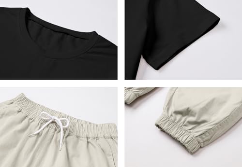 Image of Betusline Girls 2 Piece Summer Outfits,Black Cute Short Sleeve Crop Tops + Beige Cargo Jogger Pants Clothes,11-12 Years = Tag 160