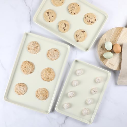 Martha Stewart Gallen 3-Piece Cookie Sheet Set – 13\", 15\", 17\" Baking Pans, Ceramic Nonstick, PFA-Free, Carbon Steel – Oven Safe to 450°F, Warp-Resistant, Easy to Clean - Linen White