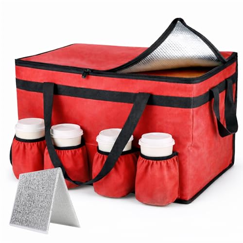 Bodaon Insulated Food Delivery Bag with 4 Cup Holders and Hard Bottom, XXL Pizza Cooler Bags, Rideshare Delivery Bag, Thermal Cold/Hot Styrofoam Carrier for Catering/Shopping/Travel/Car, Warmer/Frozen