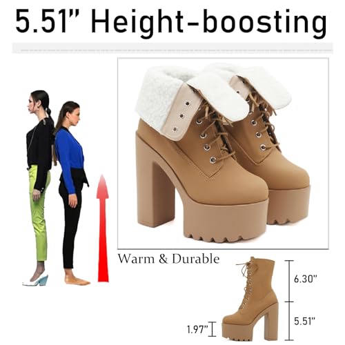 Women's Leather Platform Chunky High Heel Mid Calf Boots Warm Fur Lined Comfortable Round Toe Lug Sole Block Heel Lace Up Combat Boots Winter Fashion Party Increase Boots4