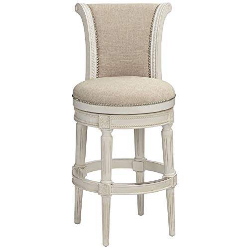 55 Downing Street Oliver Wood Swivel Bar Stool White 30 1/2" High Vintage Traditional Scroll Cream Woven Fabric Round Cushion With Backrest Footrest For Kitchen Counter Height Island Home Shed #TOP6