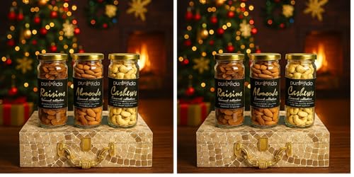 Image of Purevida Premium Dry Fruits Gift Box | Festive Pack of 6 Jars (Almonds, Cashews, Raisins) | 100% Natural, No Preservatives | Luxury Christmas & New Year Hamper | Corporate & Festive Gifting (300g)