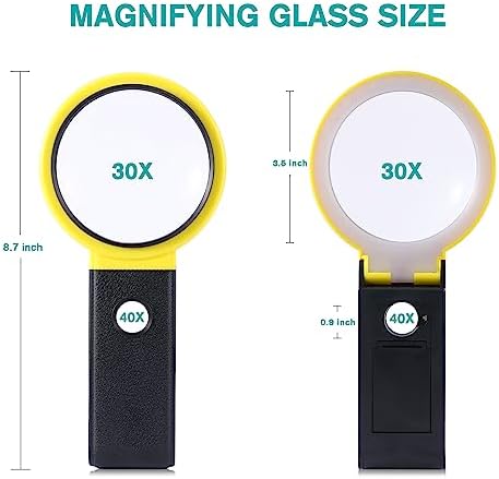 Lnchett 30X 40X Foldable Magnifying Glass with Light and Stand, 33 LED Magnifier with Three Lighting Modes, Portable and Convenient for Seniors Reading, Close Work, Coins, Jewelry