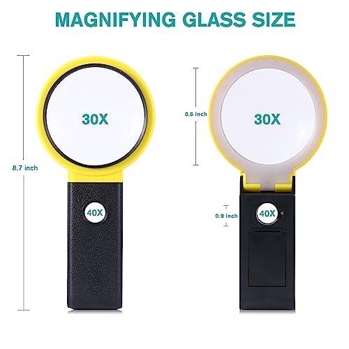 Lnchett 30X 40X Foldable Magnifying Glass with Light and Stand, 33 LED Magnifier with Three Lighting Modes, Portable and Convenient for Seniors Reading, Close Work, Coins, Jewelry