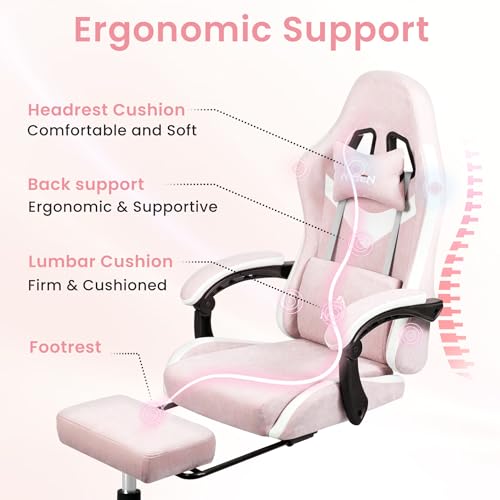 Image of N-GEN GAMING Video Gaming Chair Office Computer Desk Use Ergonomic Reclining Backrest Adjustable Armrests Lumbar Support Footrest High Density Foam Breathable Fabric Heavy Duty Base (Pink)