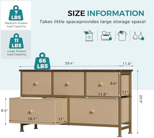OLIXIS 5 Drawer Dresser for Bedroom, Storage Organizer for Closet, Khaki - 2