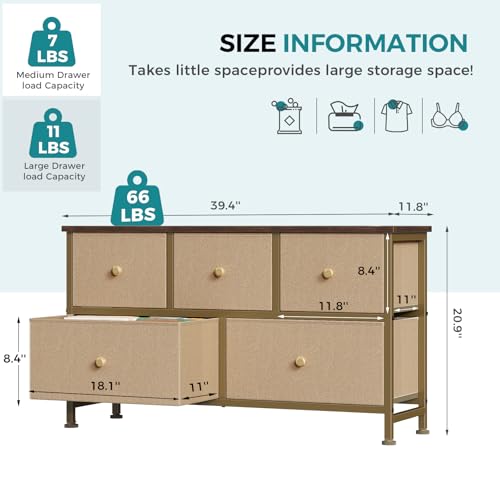 Image of OLIXIS 5 Drawer Dresser for Bedroom, Storage Organizer for Closet, Khaki | Chest of Drawers for Clothes Storage with Bins, Wide Fabric Bedroom Dresser, Wooden Top, Living Room, Black Wood