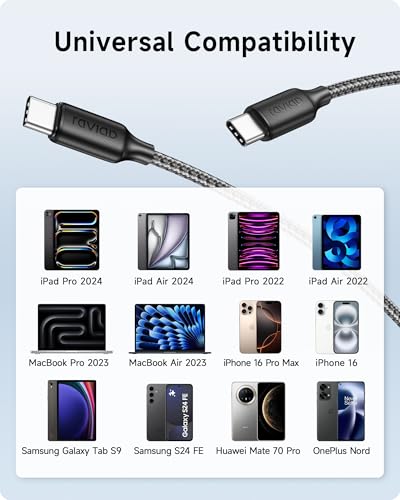 RAVIAD Kabel USB C USB C 100 W 1 M kabel USB Type-C PD3.0 5 A szybkie ładowanie QC3.0 nylonowy kabel typu C ładowarka do telefonu iPhone 16 15 Pro Max, Samsung S24 Ultra iPad Pro MacBook Pixel 7 Pro