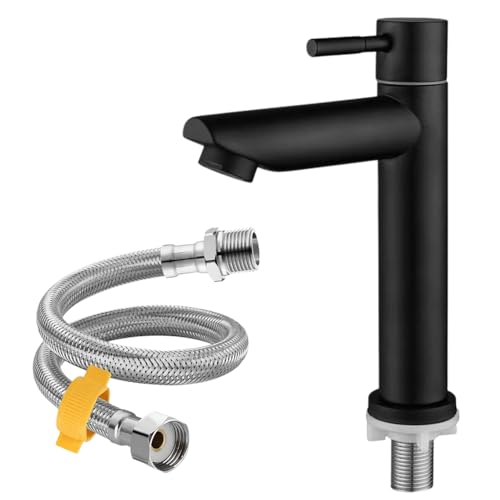 Grifería de agua fría de acero inoxidable 304, fijación y mangueras, ahorro de energía, grifo monomando para baño, grifo de baño solo para agua fría, para baño, inodoro de invitados, negro