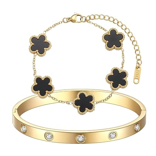 TENGWA Plaqué 18K Bracelet 2 Pièces Bijoux Bracelet Trefle 17+5 cm Bijoux Porte Bonheur Noir Four Leaf Clover pour Anniversaires Saint-Valentin Fête des Mères...