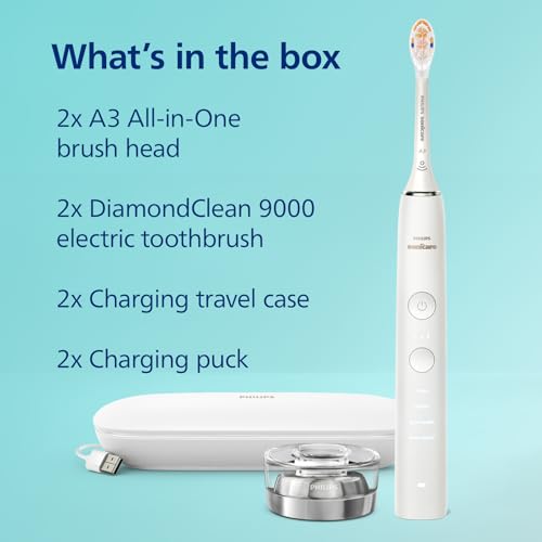 Philips Sonicare DiamondClean Connected Electric Toothbrush 2 Pack, x2 Sonic Toothbrushes, x2 Charging Travel Cases, x2 A3 Brush Heads, 12 Brushing Settings, (Pink and White), Model HX9912/72
