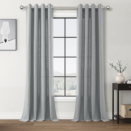 Image of Light Grey Linen Curtains 84 Inches Long for Living Room Grommet Top Semi Sheer Light Filterinig Bedroom Office Window Panels Neutral Tone Modern Minimalist Room Decor Curtain Drapes,2 Panels Sets