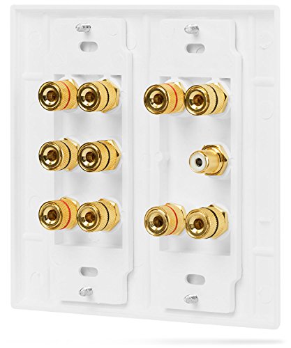 Fosmon (2-Gang 5.1 Surround Distribution Home Theater Wall Plate - Premium Quality Gold Plated Copper Banana Binding Post Coupler Type Wall Plate For Speakers And Rca Jack For Subwoofer (White) #TOP2