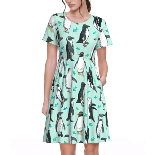 Robe mi-longue d'été fluide contre la chaleur avec motif pingouins mignons