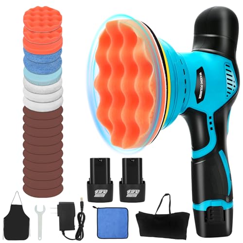 Cordless Car Buffer Polisher Kit, 6 Inch Dual Action Portable Car Buffer Waxer Kit, 2Pcs 12V 2000mah Batteries, 8 Variable Speeds 2800-5500 RPM, 27pcs Attachments for Car Detailing, Waxing & Polishing