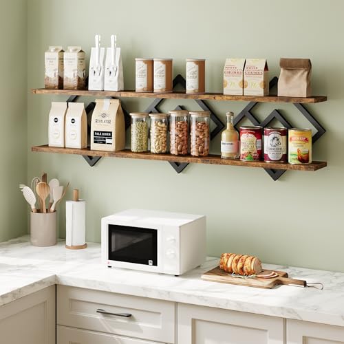 Image of ELYKEN Floating Shelves for Wall, Set of 3 Hanging Shelves, 2-Tier Wall Mounted Storage Shelves for Books & Decor, Perfect for Living Room, Bedroom, Kitchen, Home Office, Study, Rustic Brown