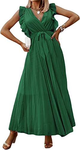 Robe plissée col en V sans manches robe de plage cocktail été taille XL vert