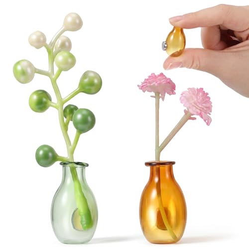 2 Pcs Mini Cat Whisker Holder Cat Whisker Vase Fridge Magnet Cats Whiskers Holder with Strong Adhesive Glass Vase Miniature Tiny Vases for Flowers Keepsake or Dcor Yellow and Green