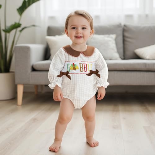 Newborn Infant Baby Girl Thanksgiving Outfit Turkey Embroidery Long Sleeve Smocked Bubble Romper Plaid Bodysuit3