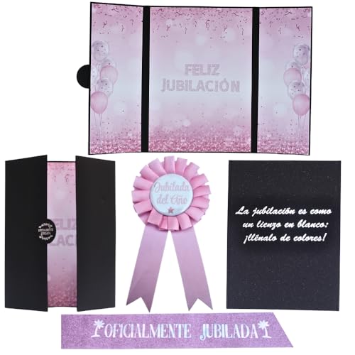 ®IM Tarjeta Feliz Jubilación Grande para Mujer + Banda + Insignia – Decoración Jubilacion y Despedida Trabajo - Libro de firmas con cierre automático - Diseño de tres paneles(pasta gruesa)