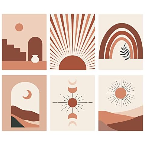 Boho Wall Art, Set of 6 Boho Posters Minimalist Geometric Sun Canvas Boho Wall Decor| Abstract Line Art | Mid Century Modern Art Print for Living Bedroom Kitchen Office Decoration, 8x10In Cover