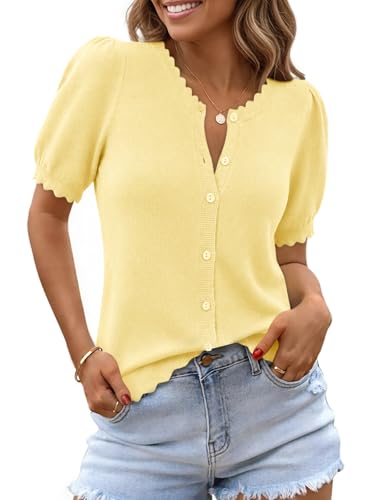Saodimallsu Womens Puff Short Sleeve Cardigans Lightweight Knit Sweater
