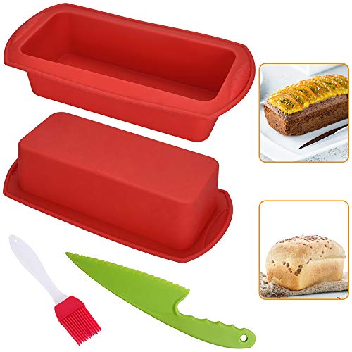 FAVENGO 2 Pcs Moldes de Silicona para Pan Moldes para Hacer Pan Moldes para Pan Moldes para Panadería Antiadherente con Cuchillo de Plástico y Un Cepillo de Silicona para Tarta Molde Pan y Horno, Rojo