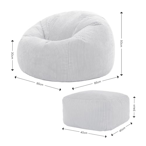 icon Kingston Cord Bean Bag with Footstool, Charcoal Grey, Large Adult Bean Bag Chair with Filling Included, Comfy Chair, Pouffe Footstool, Living Room Furniture, Bedroom Furniture