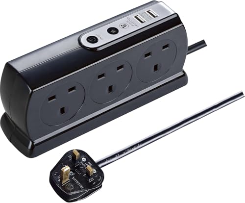 Masterplug Six Socket Switched Inline Power Surge Protected Extension Lead with Two USB Charging Ports 2 Metres Gloss Black