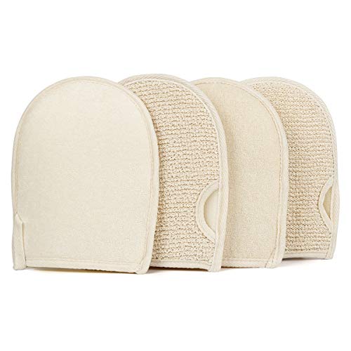 Exfoliating Loofahs Gloves Body Scrubber Natural Bath Mittens Double Sided Scrubbing for Men Women Shower Exfoliation, Korean Spa Massage Dead Skin Removal (4 Pack)