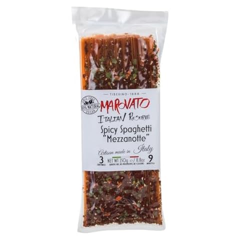 Tiberino's Real Italian Meals - Spicy Spaghetti Mezzanotte, 8.8 oz, All-Natural, No GMO, Vegan, Imported from Italy, Hot Pepper Flavor, No Additives, Preservatives or Artificial Colors - 1 Pack For 3 Cover
