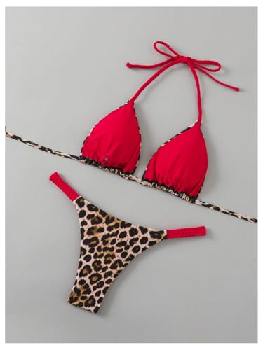 Floerns Women's 2 Piece Cheetah Print Bikini Set Halter String High Waist Thong Bathing Suits2