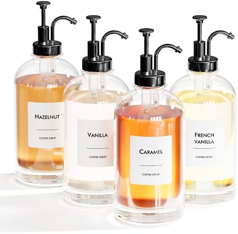 16.9 oz/500 ml Coffee Syrup Dispenser Set - 4 Glass Bottles with ...