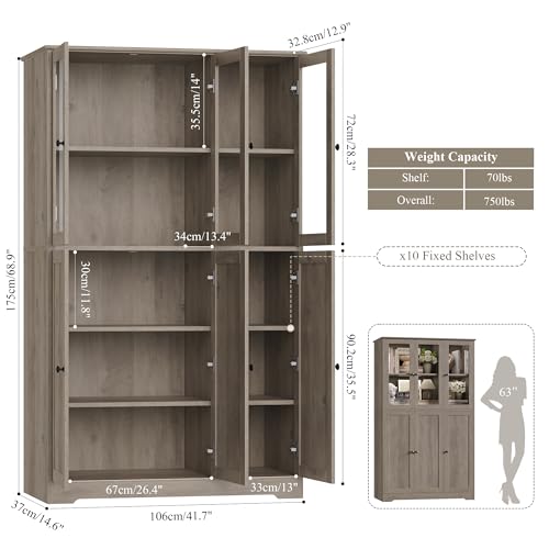HOSTACK Grey Bookshelf and Bookcase, 69" Tall Book Shelf, Large Bookshelves with Storage Cabinet, 42" Wide Book Case with Glass Doors and Shelves, Modern Display Cabinet for Home Office, Ash Gray - Image 3