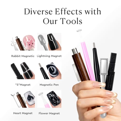 Image of AZUREBEAUTY Cat Eye Magnet Set, Heart Rabbit French Cat Eye Gel Nail Tool Kit, 3-in-1 Wooden Cylinder Magnet Pen, Creates Stripes, Black Hole, Flower&Glassy Moon Effects for DIY & Salon Use