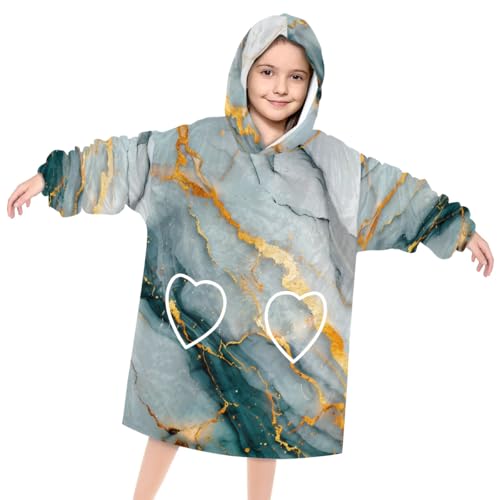 Pardick Wearable Blanket Hoodie for Kids, Indigo Gold Marble Fleece Sweatshirt Blanket Oversized Blanket Sweatshirt with Pocket Flannel Warm Hooded Blanket 6-10 Year Old Girl Boy Gift, One Size