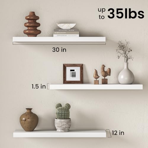 Image of Fun Memories 30 Inch Floating Shelves for Wall, 12 inch Deep Large Wall Mounted Wood Shelves with Invisible Bracket, Rustic White Floating Shelf for Bathroom Over Toilet Kitchen Living Room, Set of 3