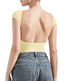 SUUKSESS Women Backless Sexy Going Out Crop Tops Double Lined Open Back Y2k Basic Tee Shirts (Yellow, M)