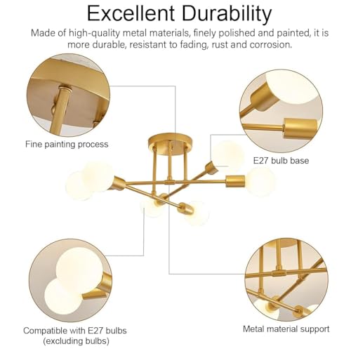 Image of Murphy 6-Light Modern Gold Chandelier Ceiling Light | E27 Bulb Compatible Metal Fixture for Living Room, Bedroom & Dining Area (Bulb Not Included) | Pack of 1