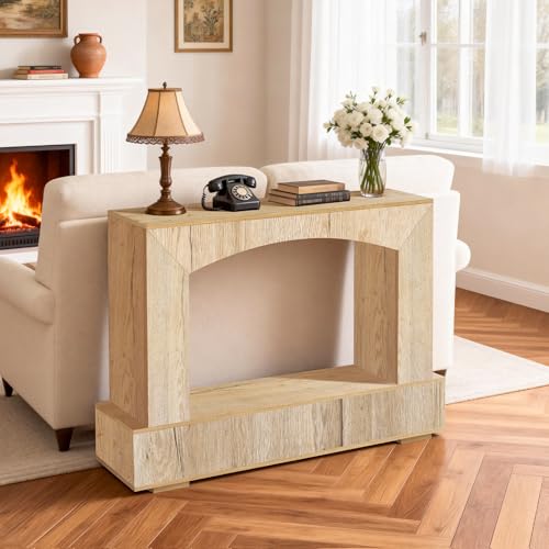 Image of Sonharlar 46 Inch Entryway Table U-Shaped, Wooden Console Table with Socket Farmhouse Sofa Table for Entrance, Hallway, Living Room,Behind Couch((Natural Brown)
