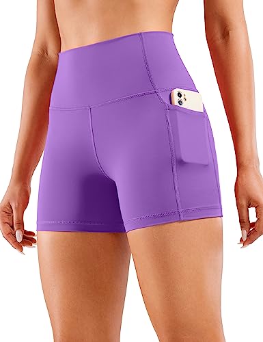CRZ YOGA Women's Naked Feeling Biker Shorts with Pockets 4'' - High Waisted Yoga Gym Workout Spandex Royal Lilac Medium