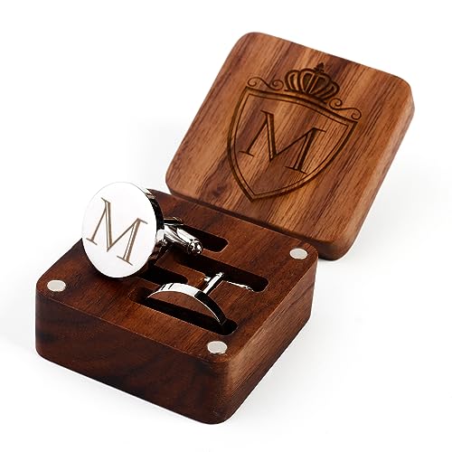 Image of Mens Initial Silver Cufflinks A-Z Alphabet Letter Steel Cuff Links with Engraved Walnut Wood Box Groom Groomsman Wedding Set