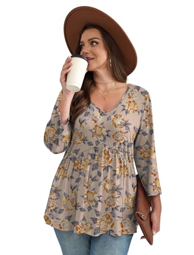 Image of OFEEFAN 3 /4 Length Sleeve Womens Tops 2026 Blouses for Women Dressy Casual Fashion Clothing V Neck Babydoll Tops Fall Outfits