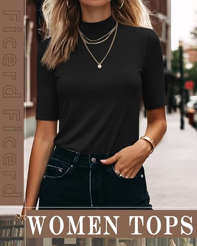 Ficerd 3 Pack Women's 1/2 Sleeve Mock Turtleneck Shirts, Elbow Length Shirt Half Sleeve Tunic Top Casual Summer Basic Tees3