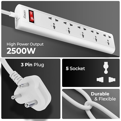 Image of FOXIN Surge Protector, 5 Universal Sockets, 2500 Watt, 2 Meter 6.5 Feet Cord | Fire Proof & Automatic Overload Protection, Spike Guard /Extension Board with Master Switch | 1 Year Manufacturer Warranty