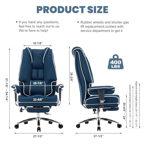 Image of EXCEBET Big and Tall Office Chair 400lbs Wide Seat, Leather High Back Executive Office Chair with Lumbar Support, Ergonomic Chairs Padded Armrests & Thick Cushion (Mesh Blue)