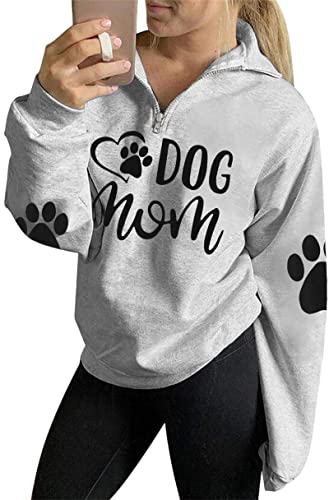 Vilove Dog Mom Sweatshirt Women Dog Paw Print Cute Sweatshirt Funny Graphic Sweatshirts Dog Mama Long Sleeve Tees Tops Light Gray cover