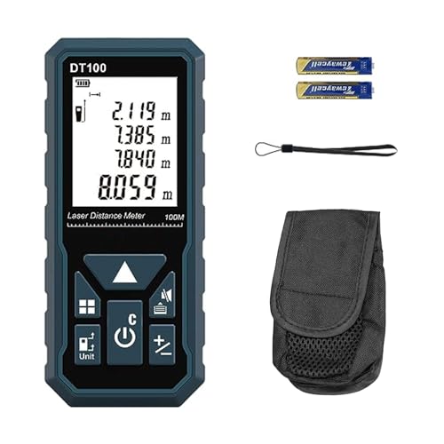 DTAPE Laser Measure 328ft DT100 Laser Distance Meter 100M Portable Handle Digital Measure Tool Range Finder Larger Backlit LCD 4 Line Display IP54 Shockproof