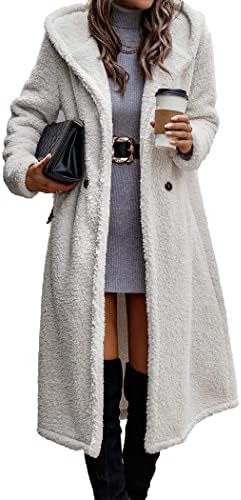 PRETTYGARDEN Women's 2023 Winter Coats Fuzzy Fleece Long Hooded Jackets Button Down Faux Fur Warm Outwear with Pockets (Beige White,Small)