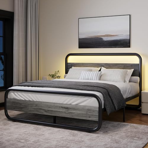 Image of Full Size Bed Frame, Wood Headboard and Footboard, LED Lights, Grey
